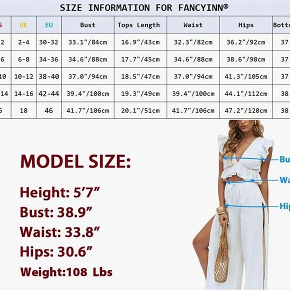 NWOT. Flattering 2 Pieces V Neck. Side Slit, Drawstring Wide Leg Pants. - Picture 4 of 8